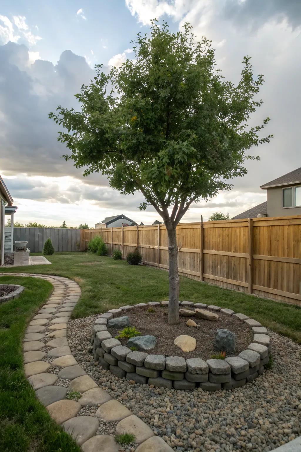 A quaint stone circle border surrounding a tree.