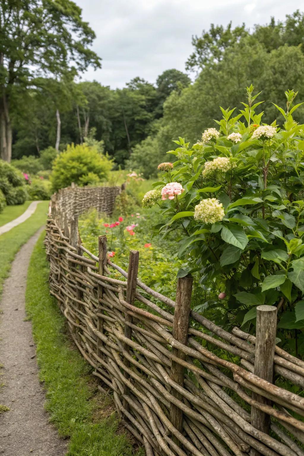 A wattle fence offers a blend of rustic beauty and practical design.