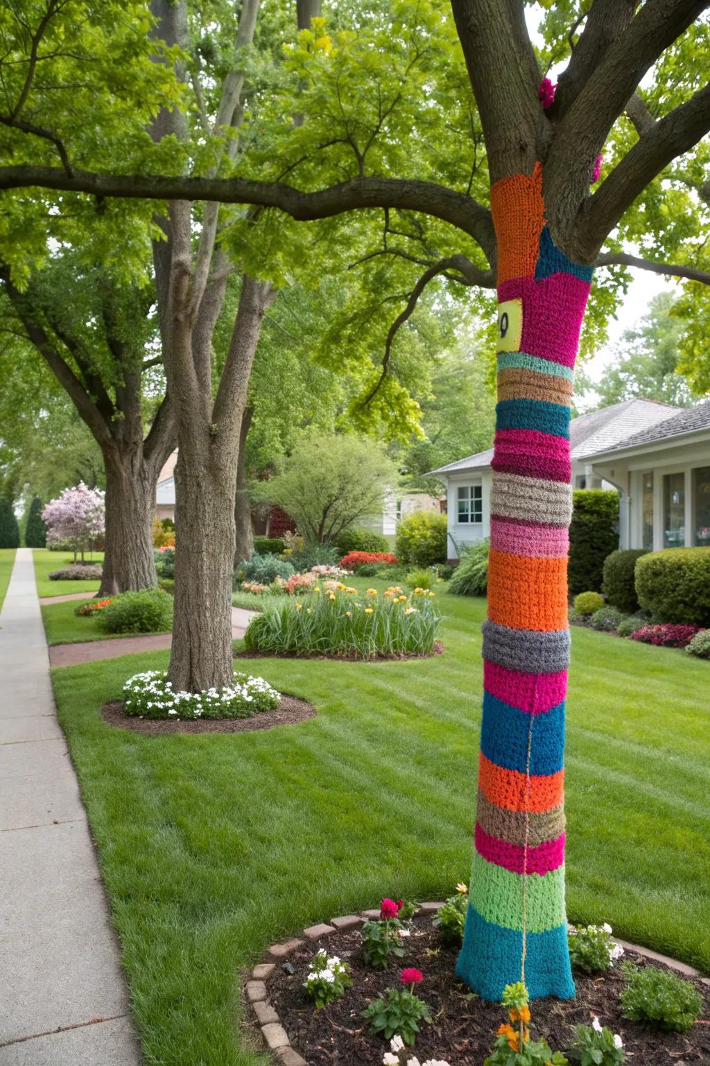 Tree wrapped in vibrant yarn adding warmth to the garden