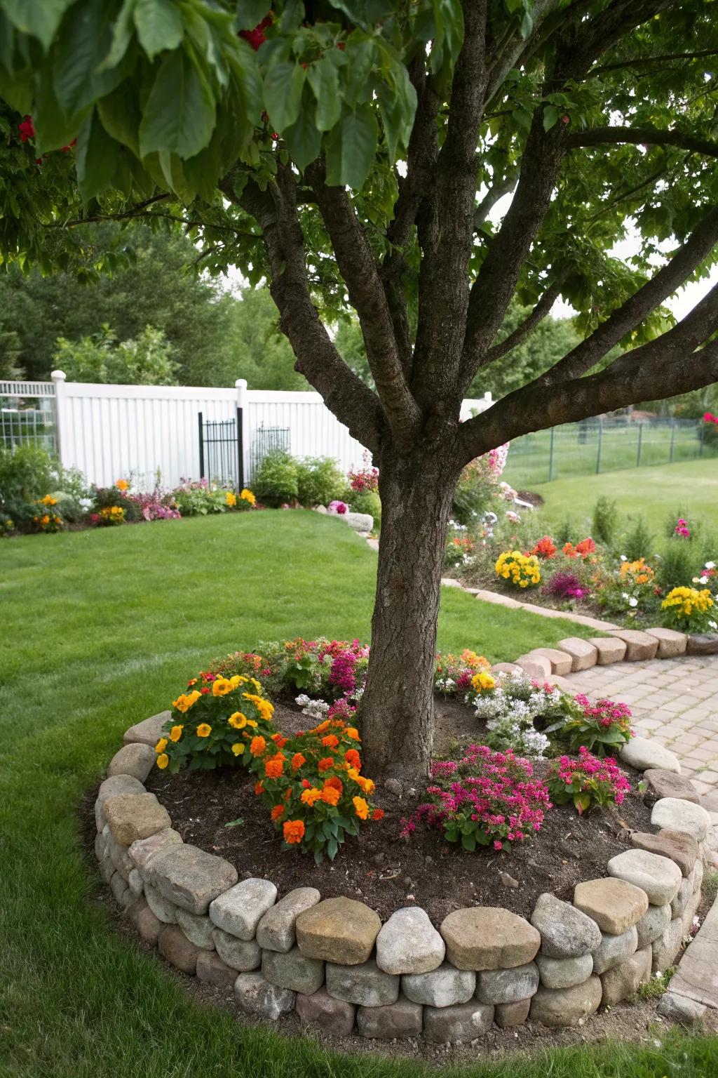 Stone borders add a touch of rustic elegance to any tree flower bed.