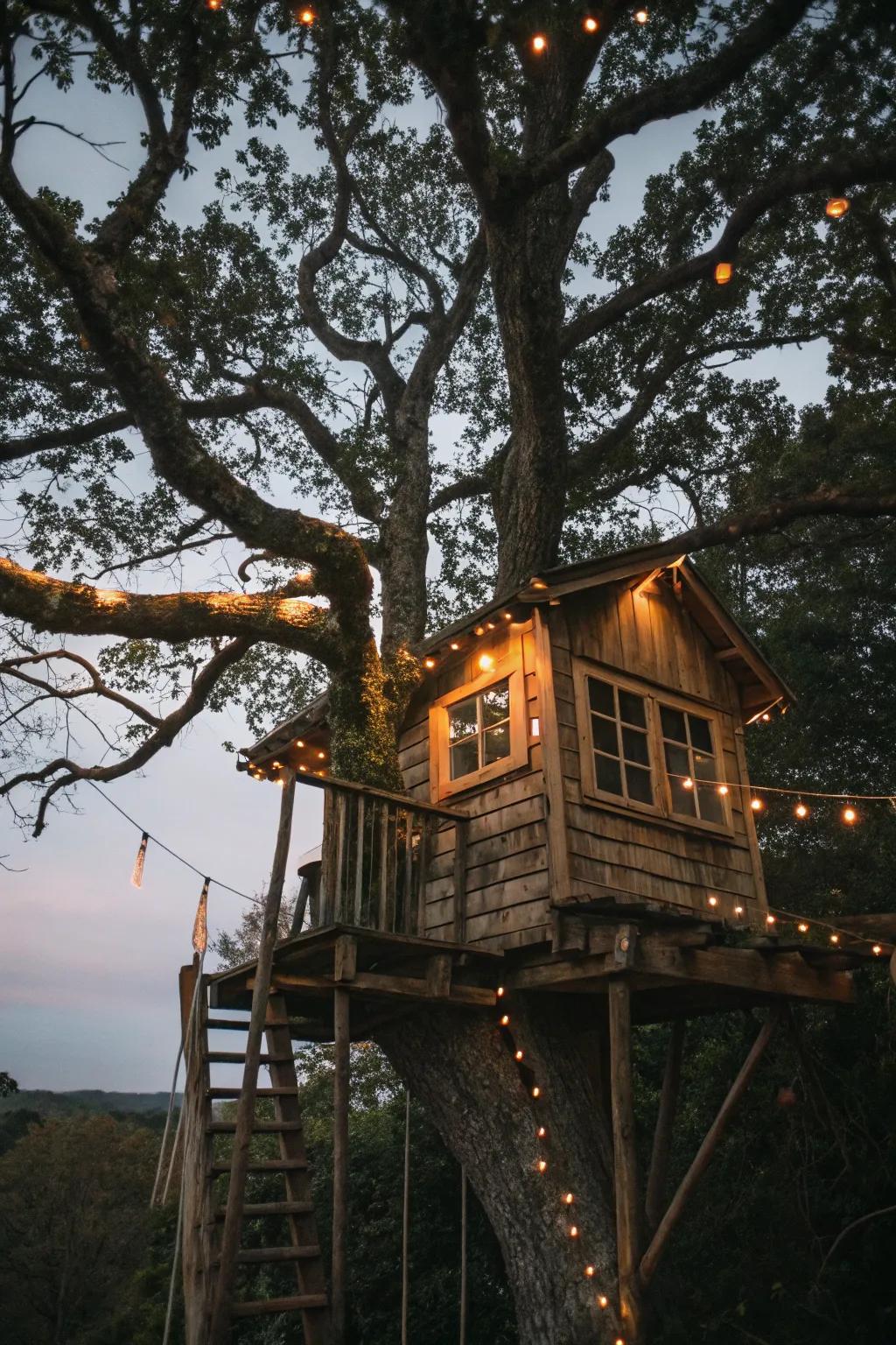 A rustic tree house made of reclaimed wood, adorned with twinkling fairy lights in the evening.