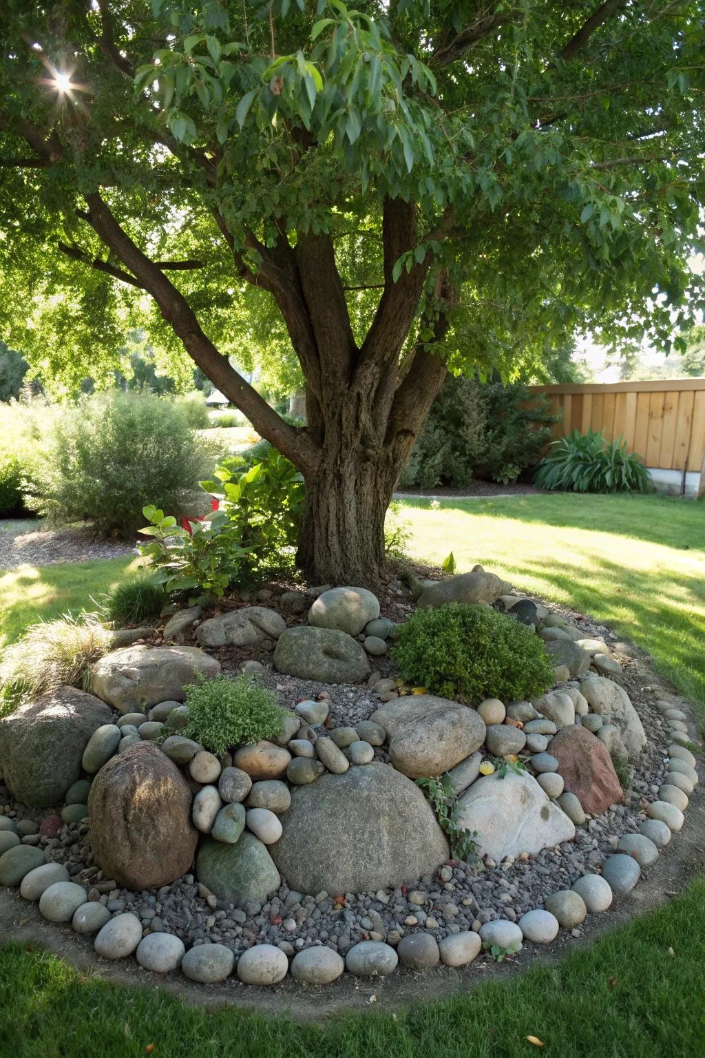 Natural stone edges bring rustic charm to your tree island.