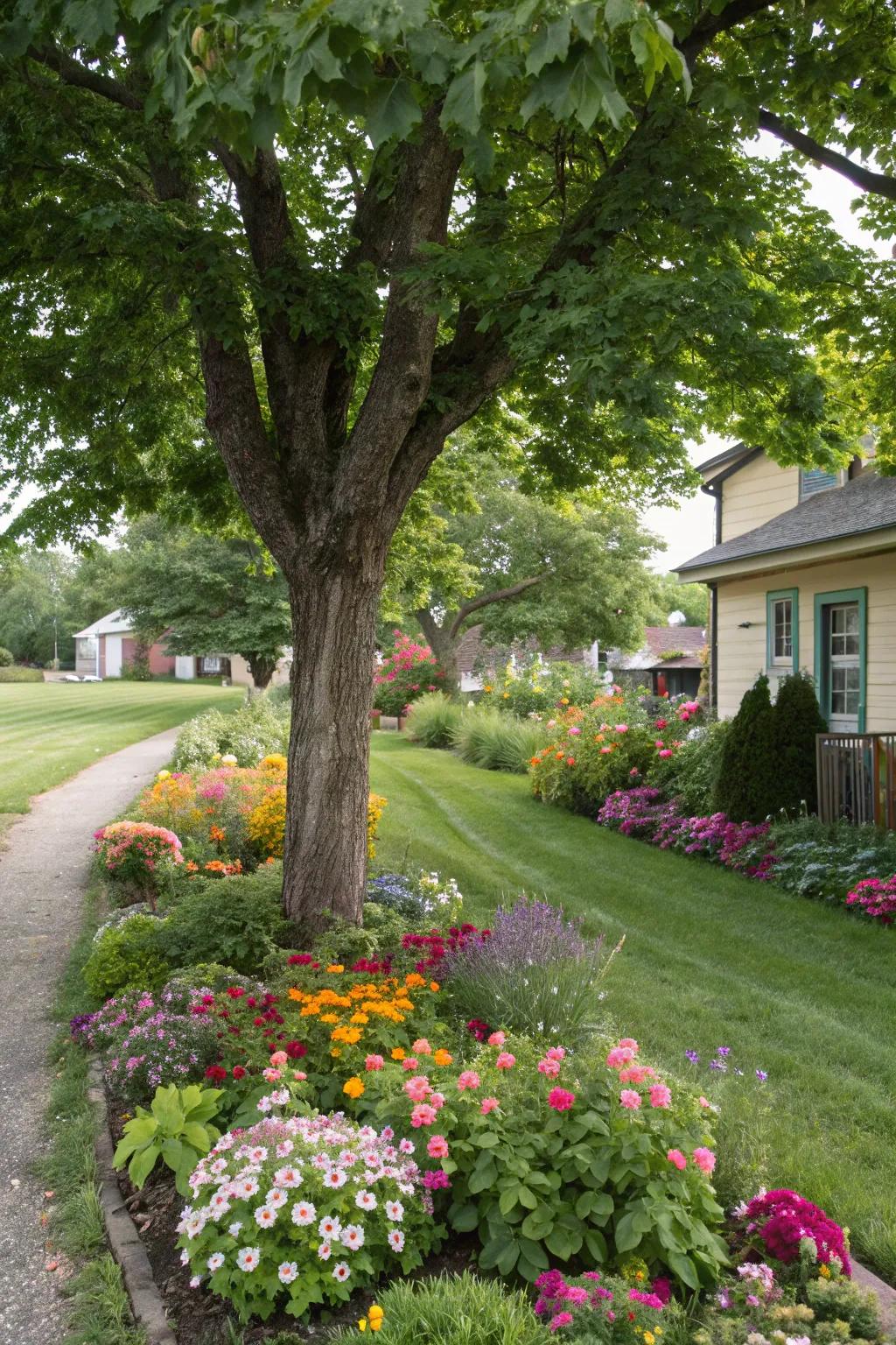 Create a vibrant flower bed around your tree for a splash of color.