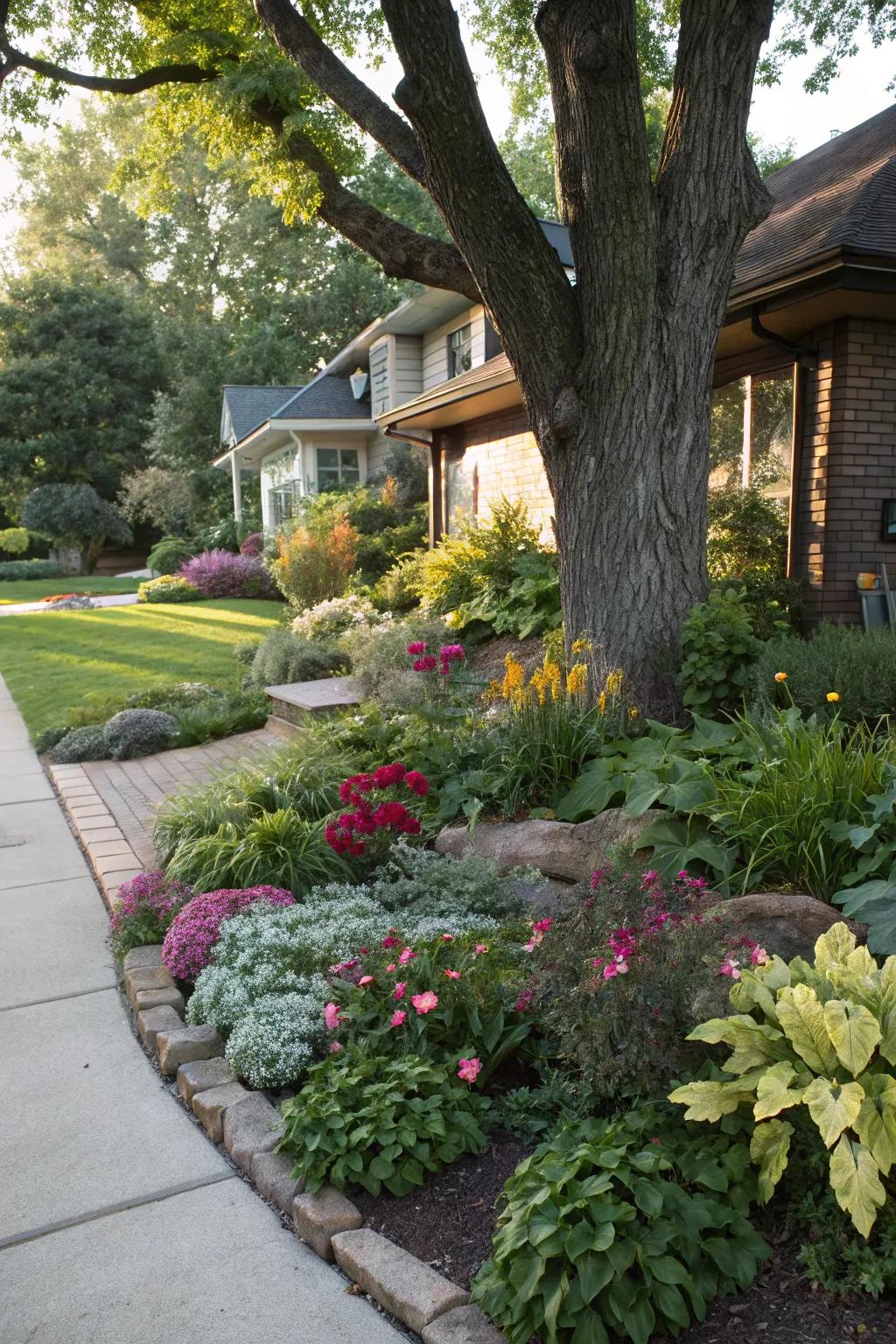 Layered plantings around trees create a vibrant, textured landscape.