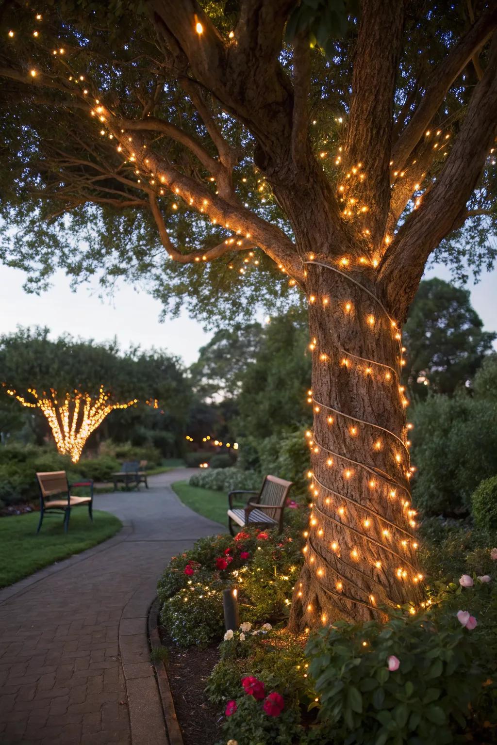 String lights transform trees into enchanting features.