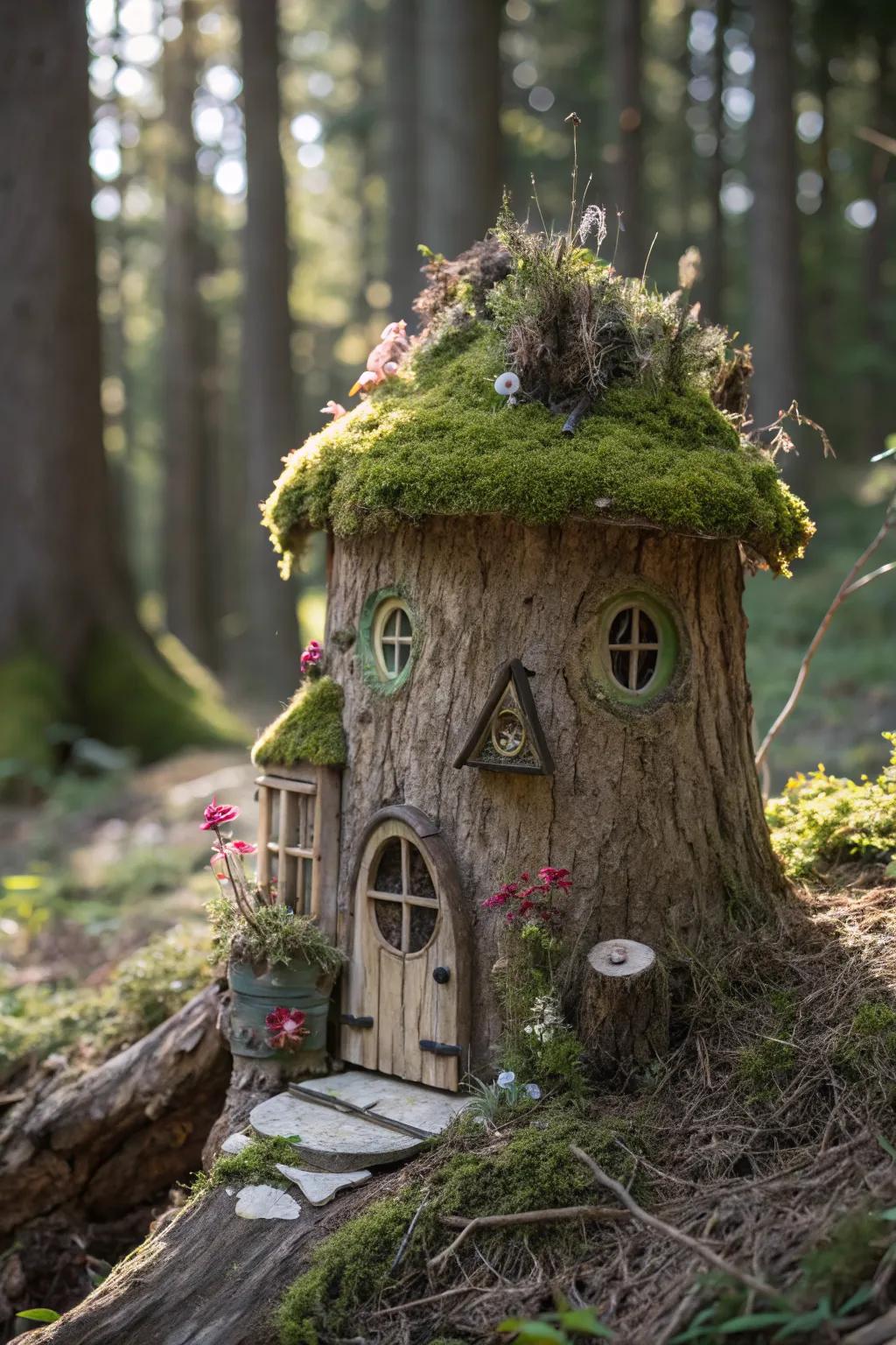 A magical fairy house crafted from a tree stump.