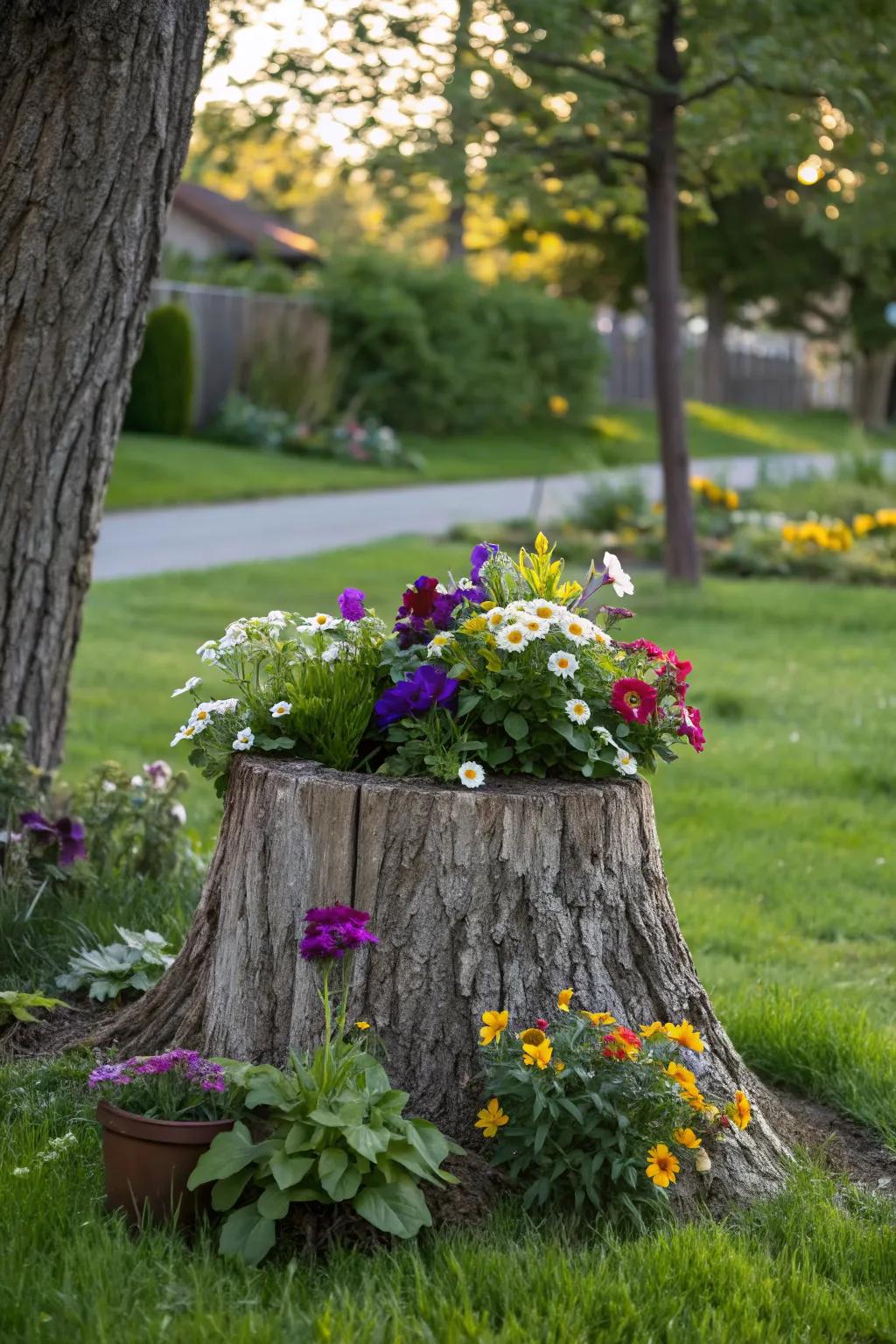 A classic tree stump planter bursting with colorful blooms.