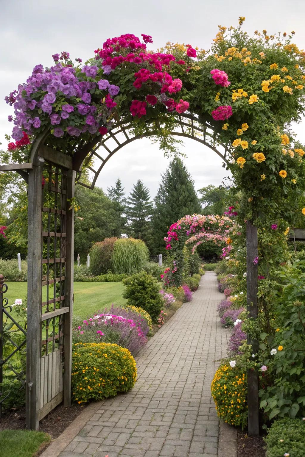A picturesque garden entrance featuring an arch trellis adorned with vibrant flowers.