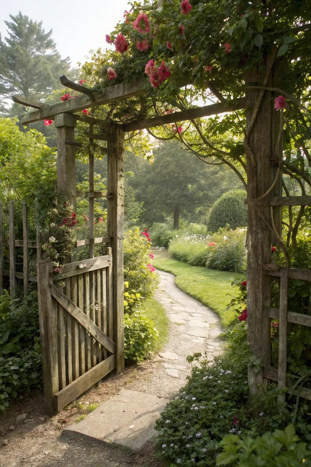 A rustic wooden trellis gate surrounded by vibrant greenery.