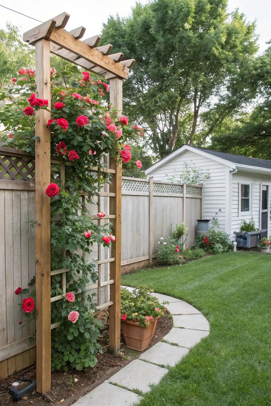 A classic wooden trellis supporting roses, perfect for a private garden retreat.