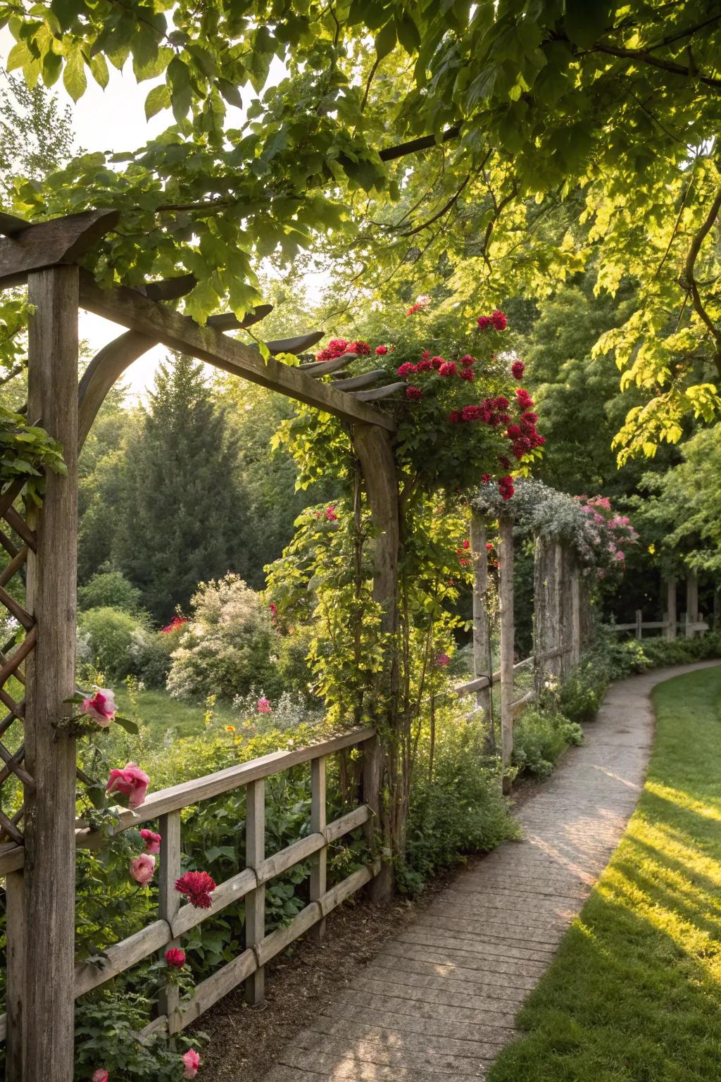 A wooden trellis elegantly supports blooming roses.