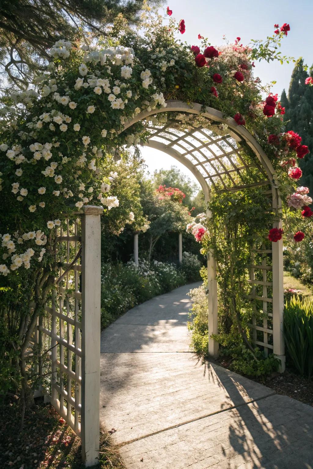 A romantic arched trellis walkway, perfect for dreamy garden strolls.