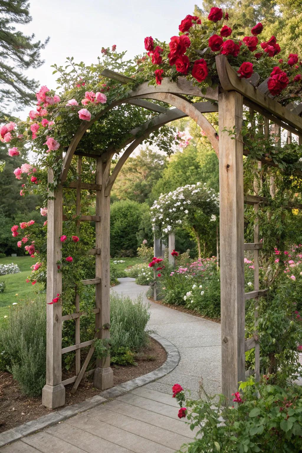 A wooden arched trellis adorned with blooming roses, inviting you into a lush garden.