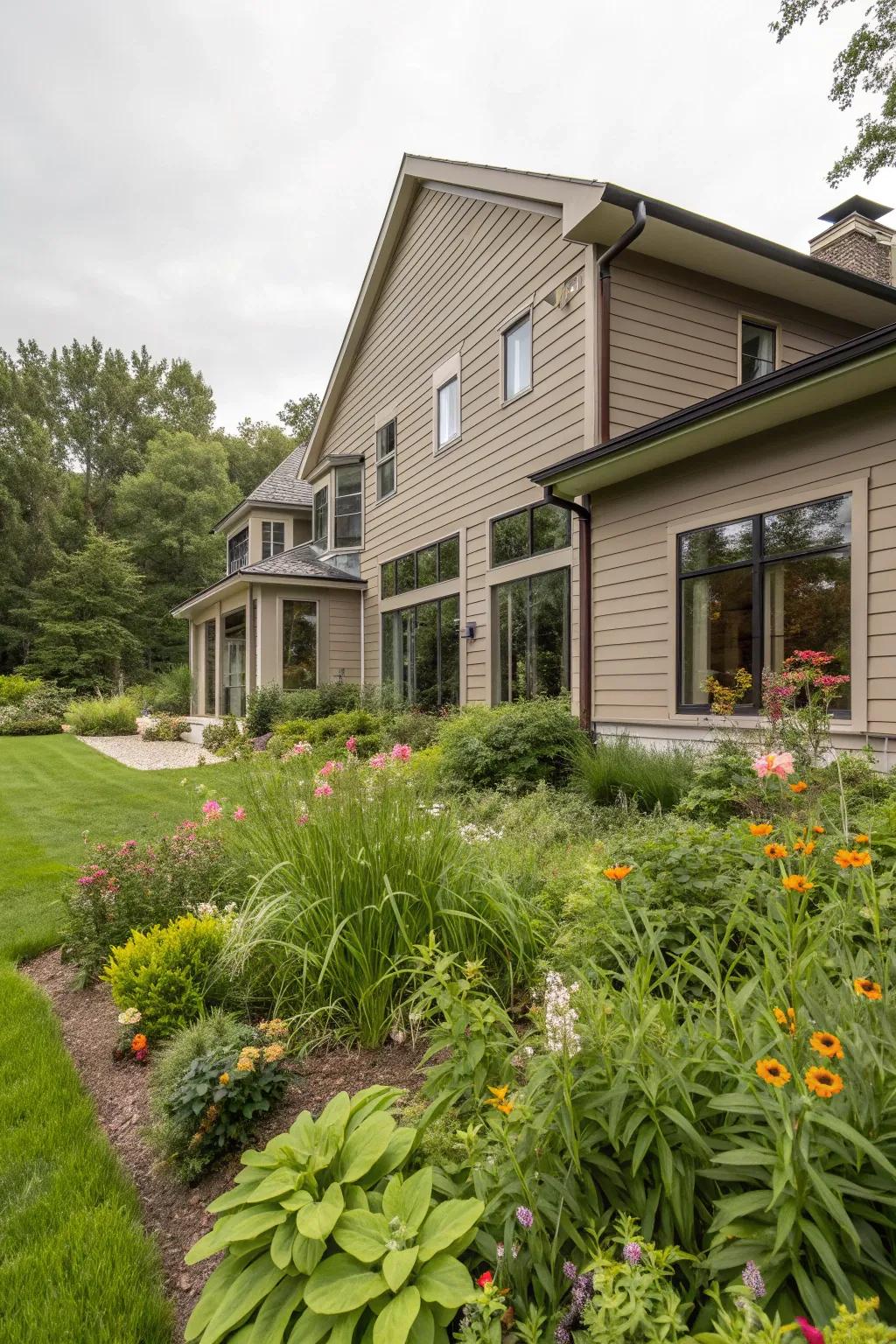 Taupe exteriors blend beautifully with natural settings.