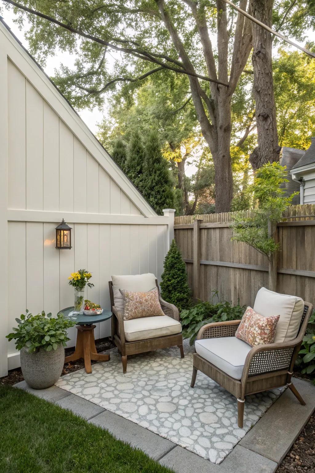 A cozy corner seating area in a triangular backyard invites relaxation and conversation.