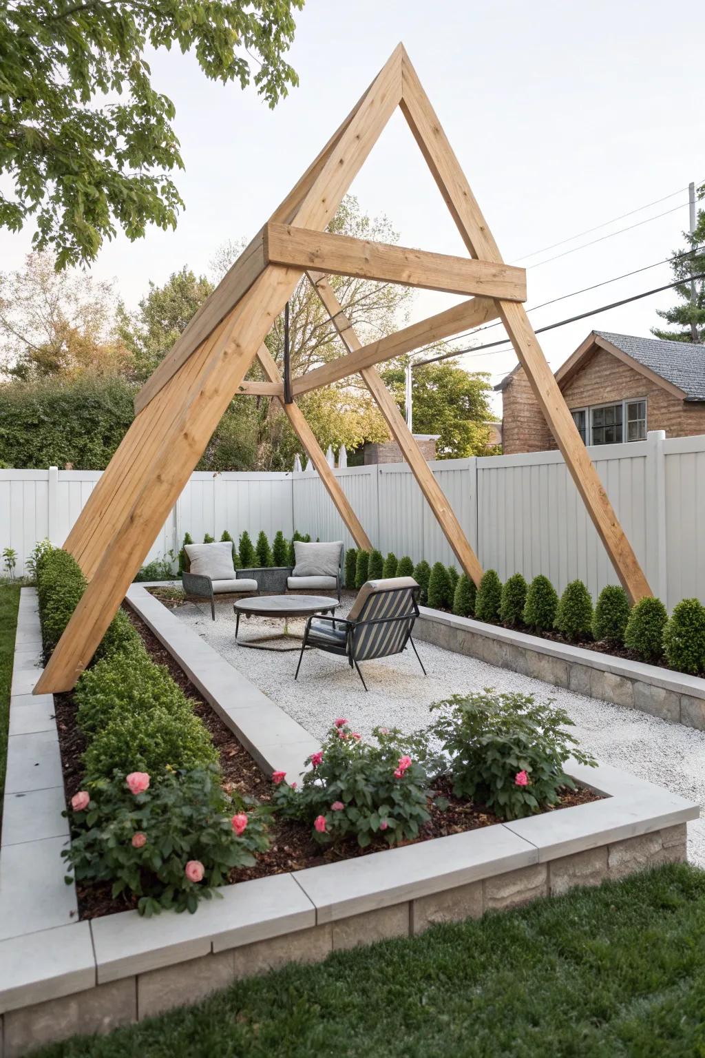 A minimalist wood triangle pergola creating a serene backyard retreat.
