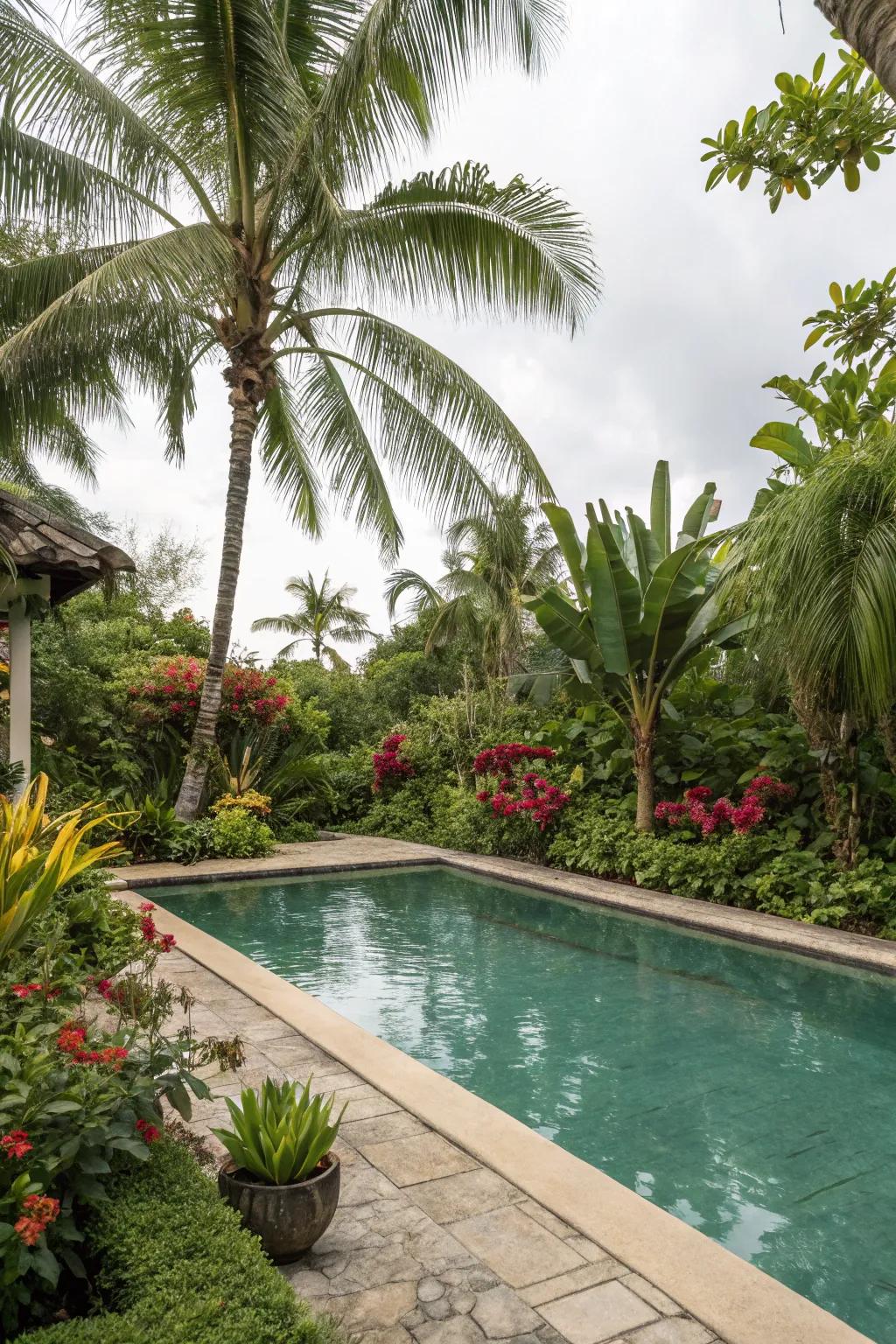Create a lush escape with dense vegetation around your pool.