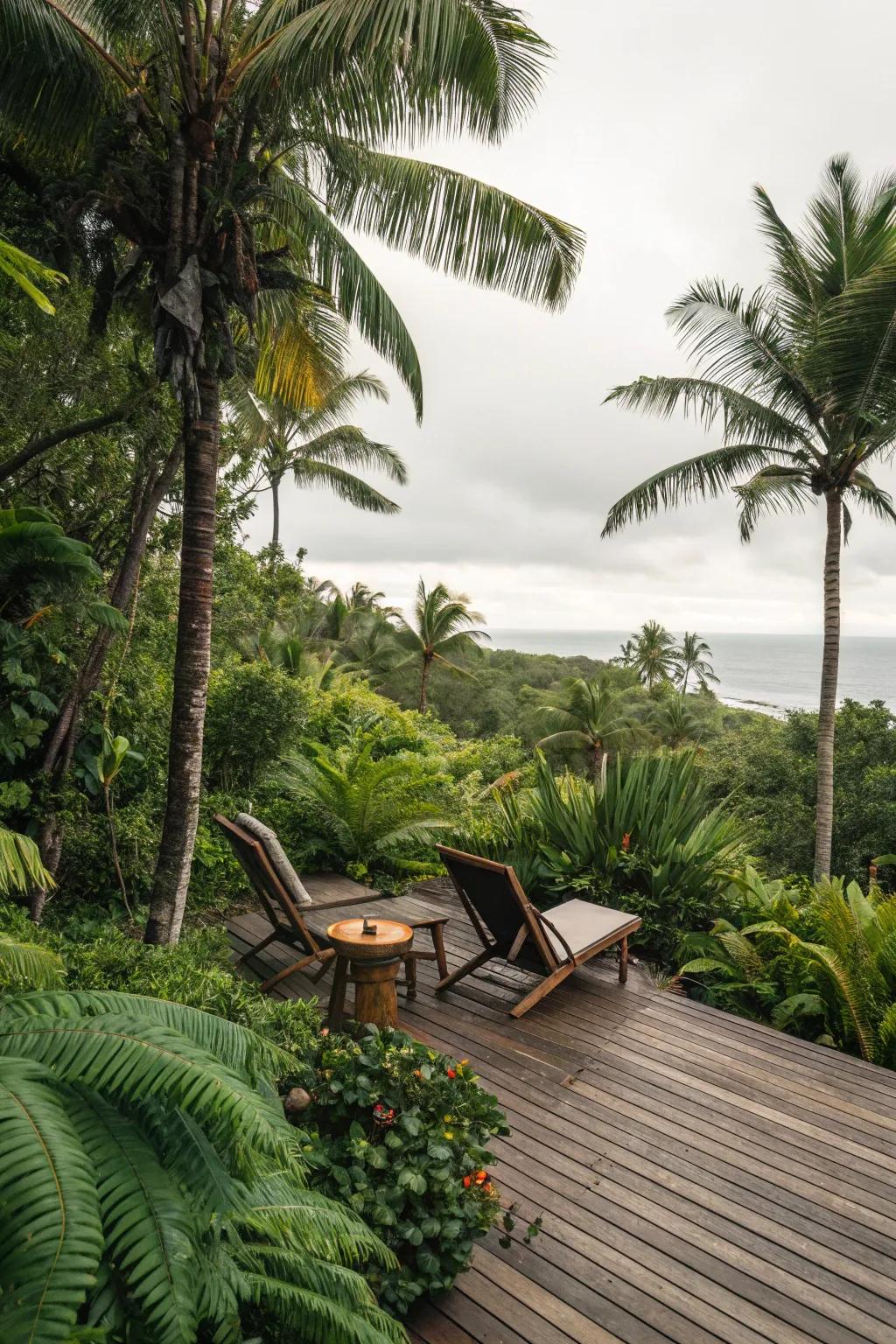 A deck surrounded by lush tropical plants creates a jungle-like atmosphere.