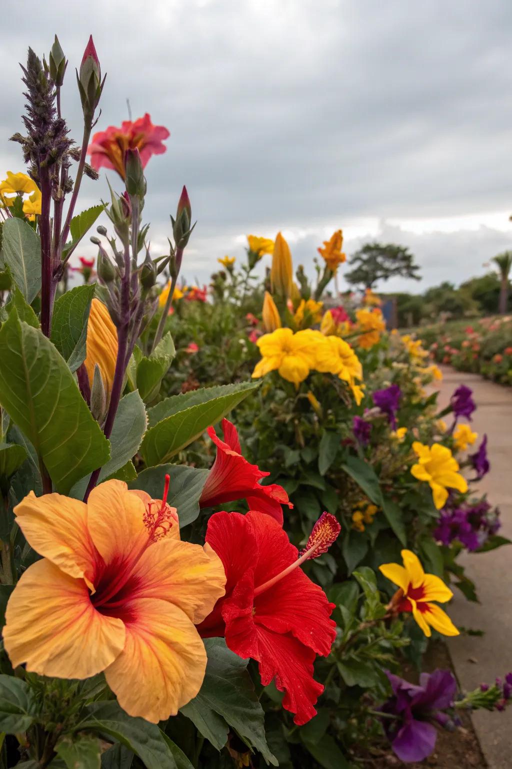 A flower bed bursting with tropical colors.