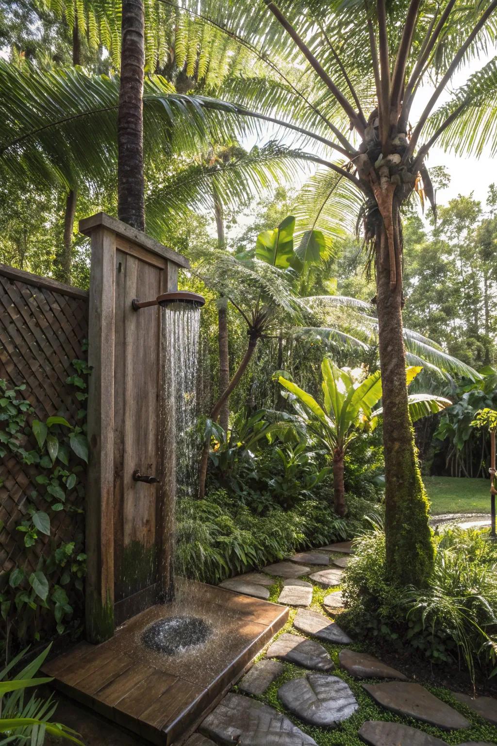 Step into a jungle oasis with your own tropical outdoor shower surrounded by lush greenery.