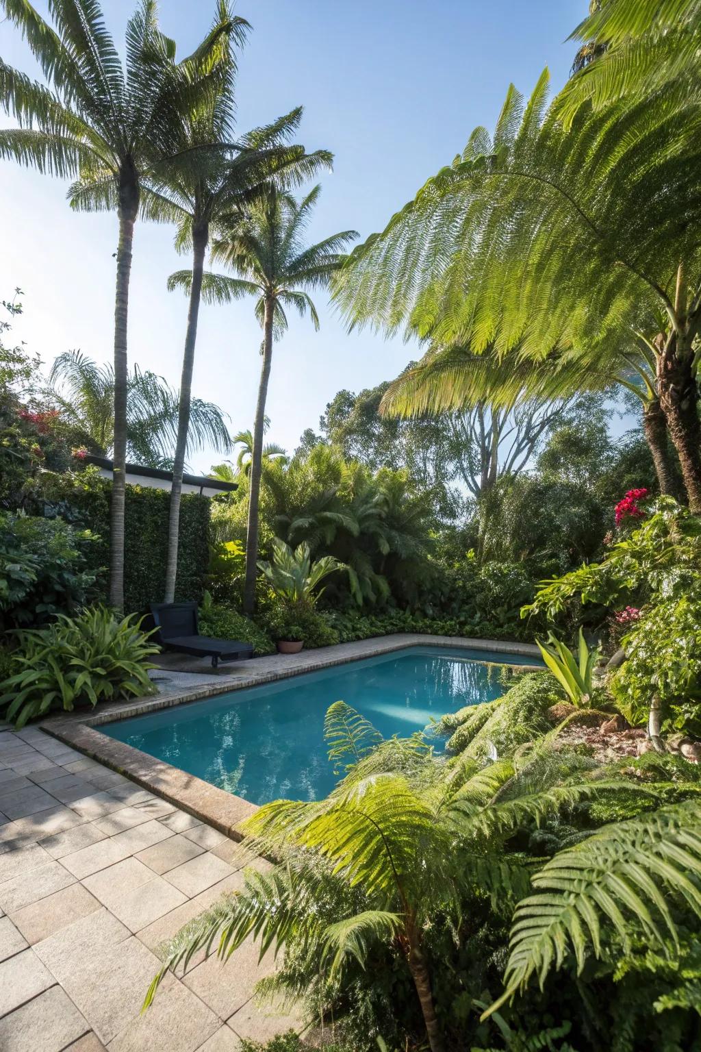 A backyard pool transformed into a jungle paradise with dense palm trees and ferns.