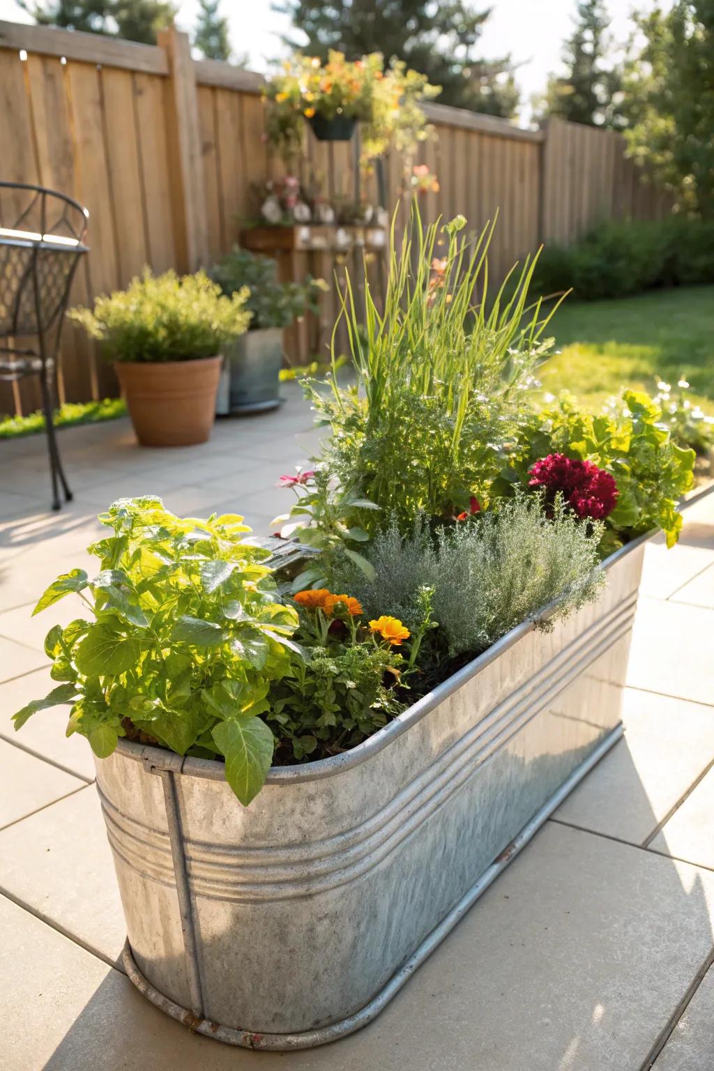 Rustic galvanized trough planter filled with herbs and flowers.