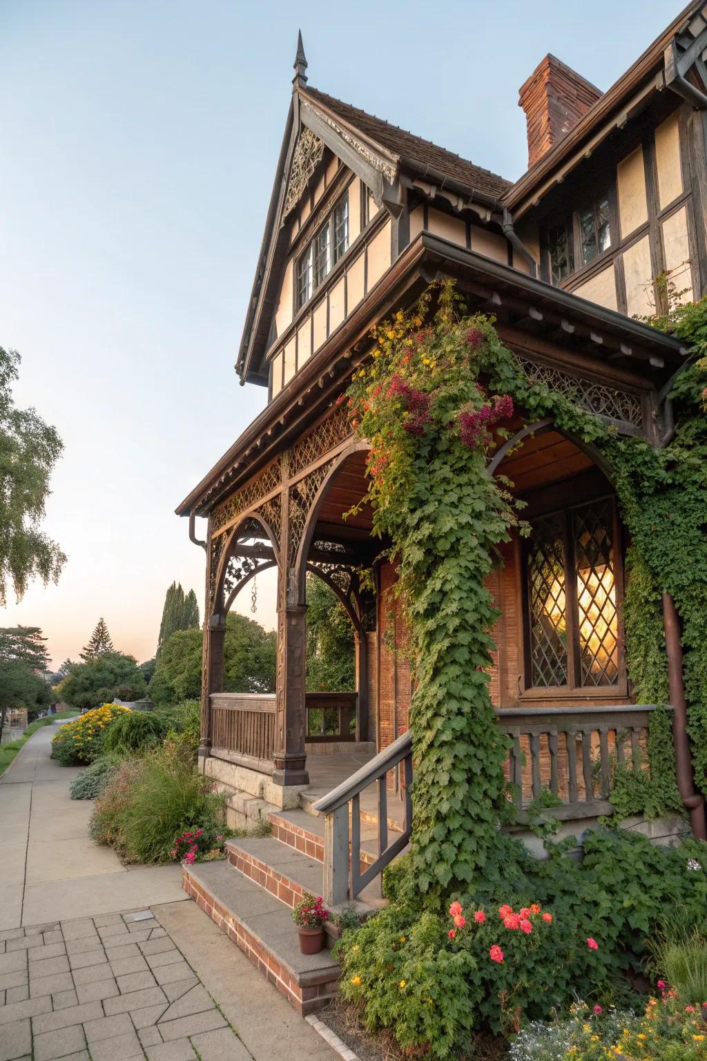 A Tudor porch showcasing elegant timber framing.