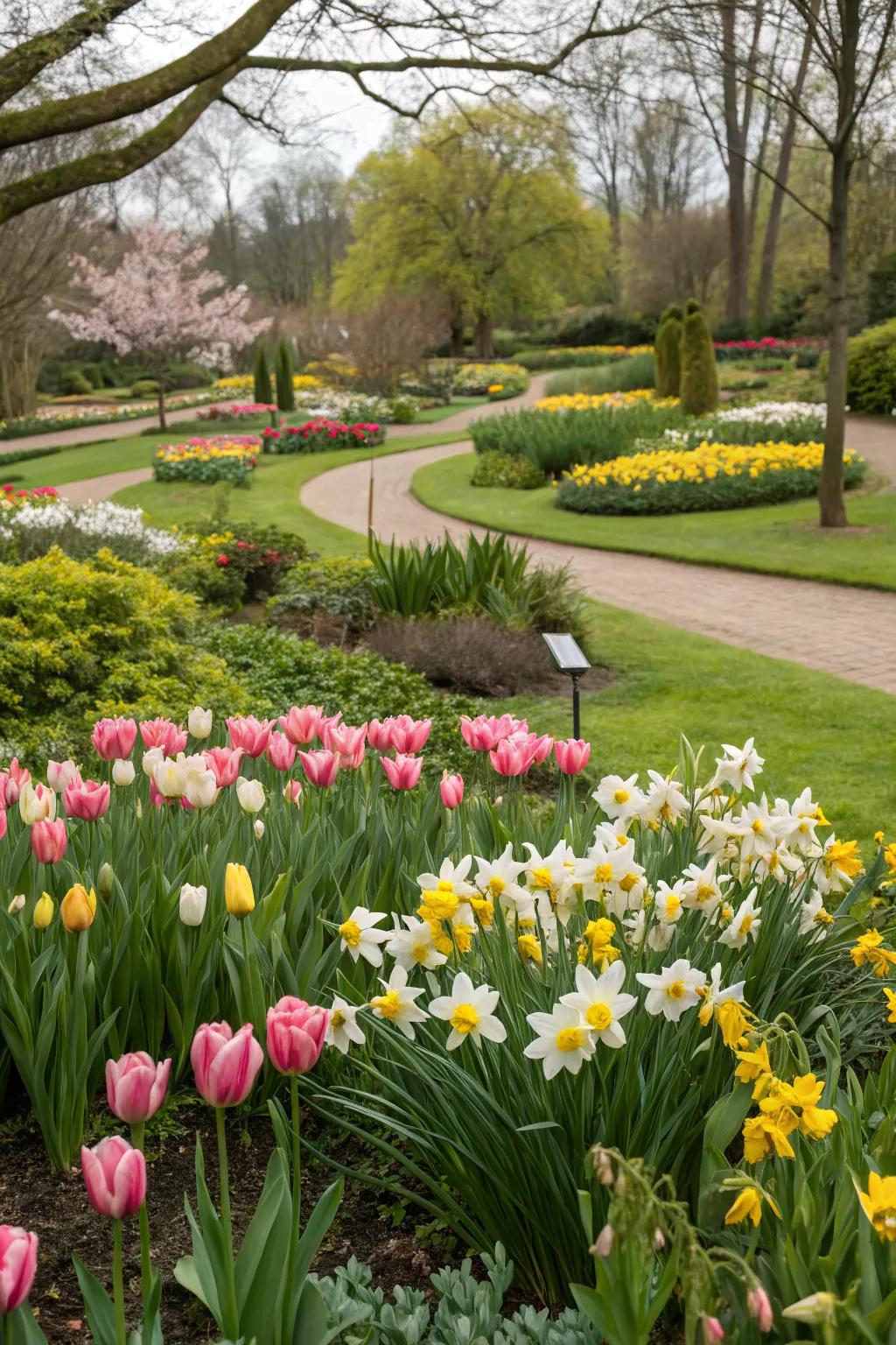 A lively mix of tulips and daffodils creating a vibrant flower bed.