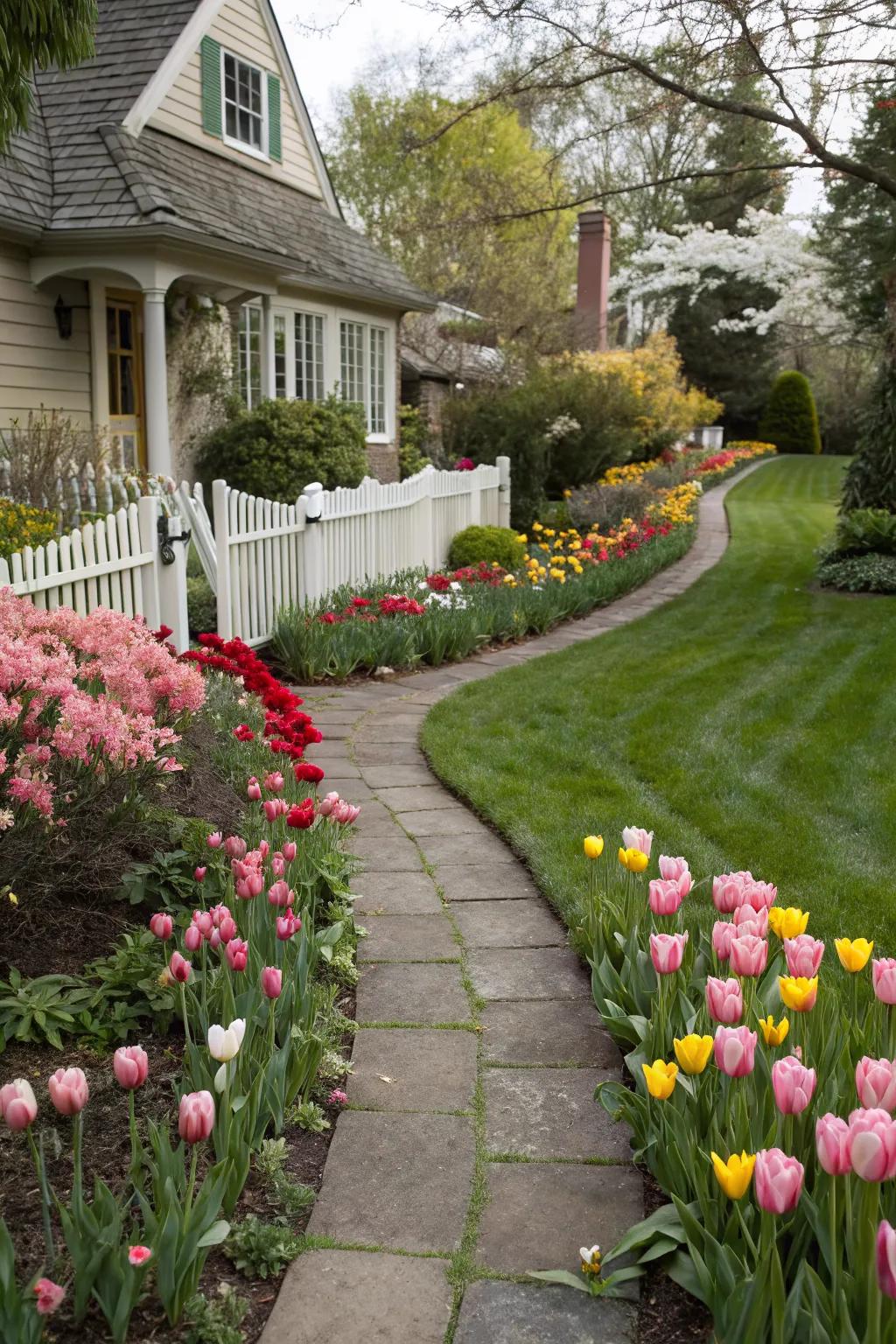 Colorful tulips lining a garden path create a vibrant walkway.