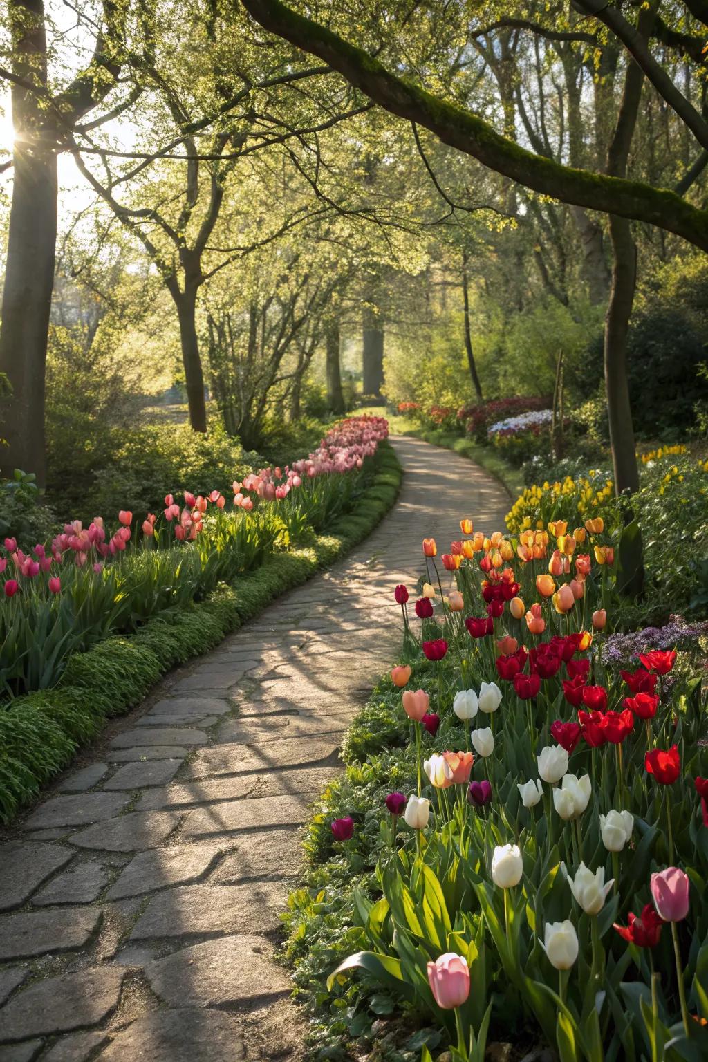 A magical garden path lined with vibrant tulips.