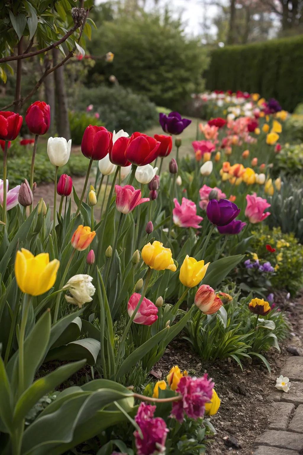 A garden bed bursting with tulips in a spectrum of colors.
