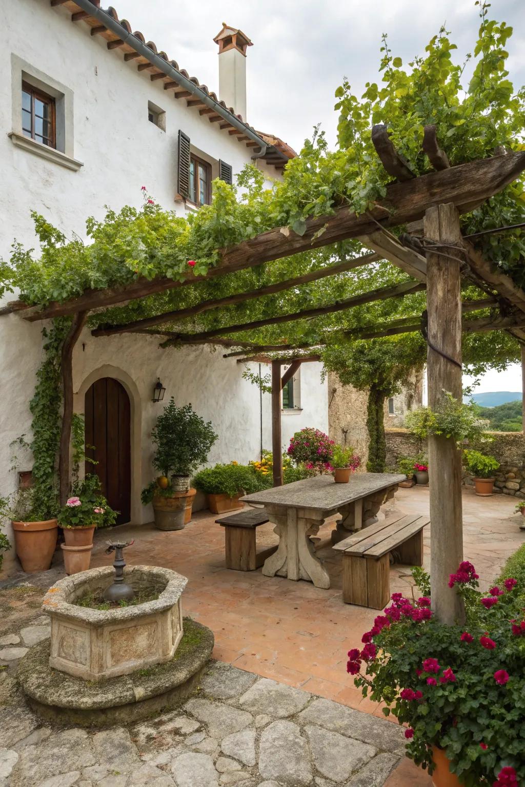 A charming pergola offers a shaded escape in this Tuscan courtyard.