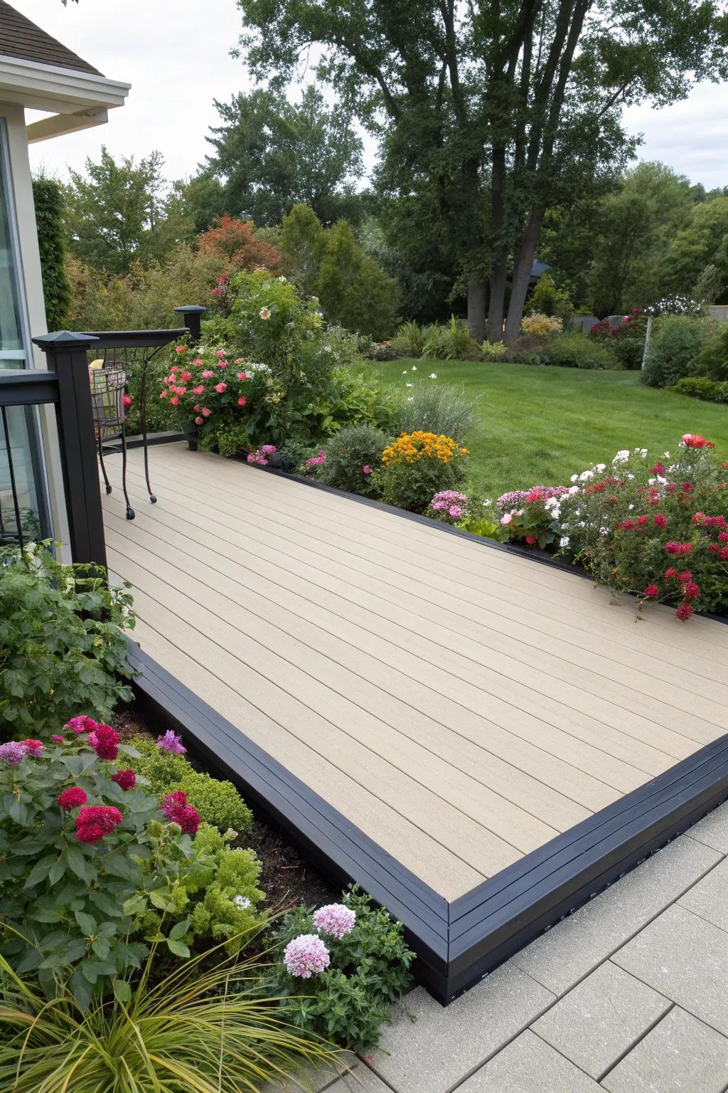 A deck with a bold dark border around lighter boards, adding dramatic contrast.