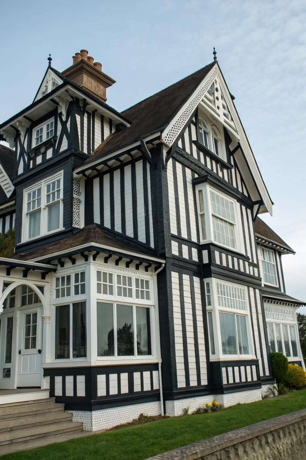 A classic black and white exterior that highlights the home's architectural beauty.
