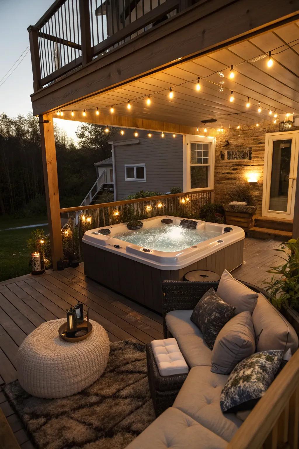 A cozy nook with a hot tub, perfect for relaxation.