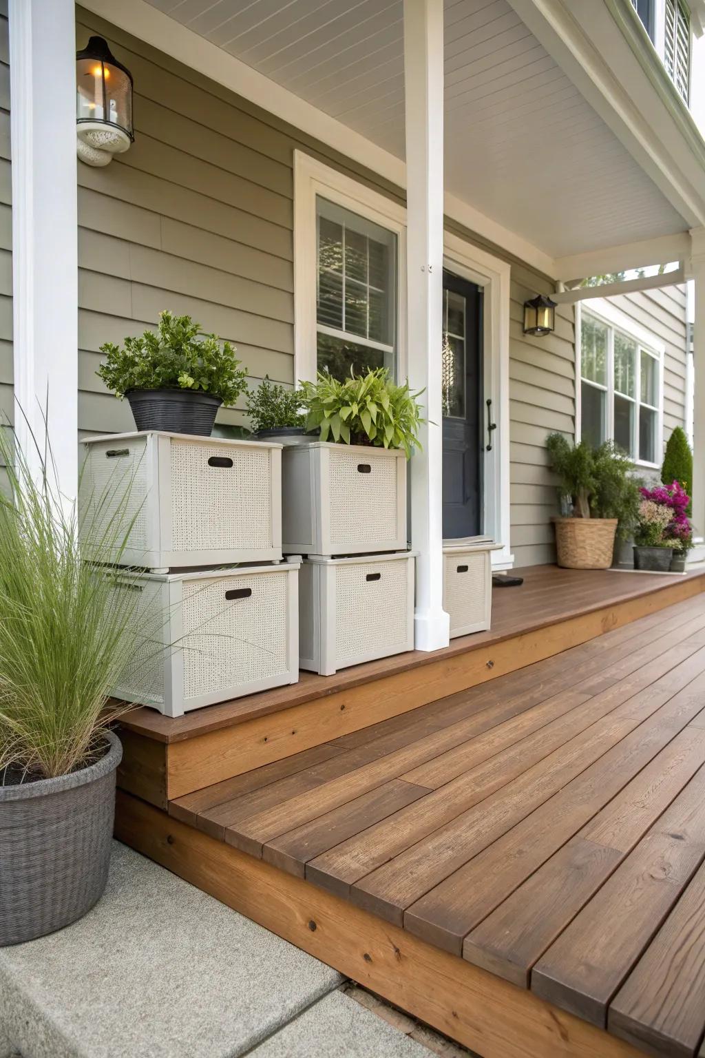 Maximize your space with hidden storage compartments under the porch.