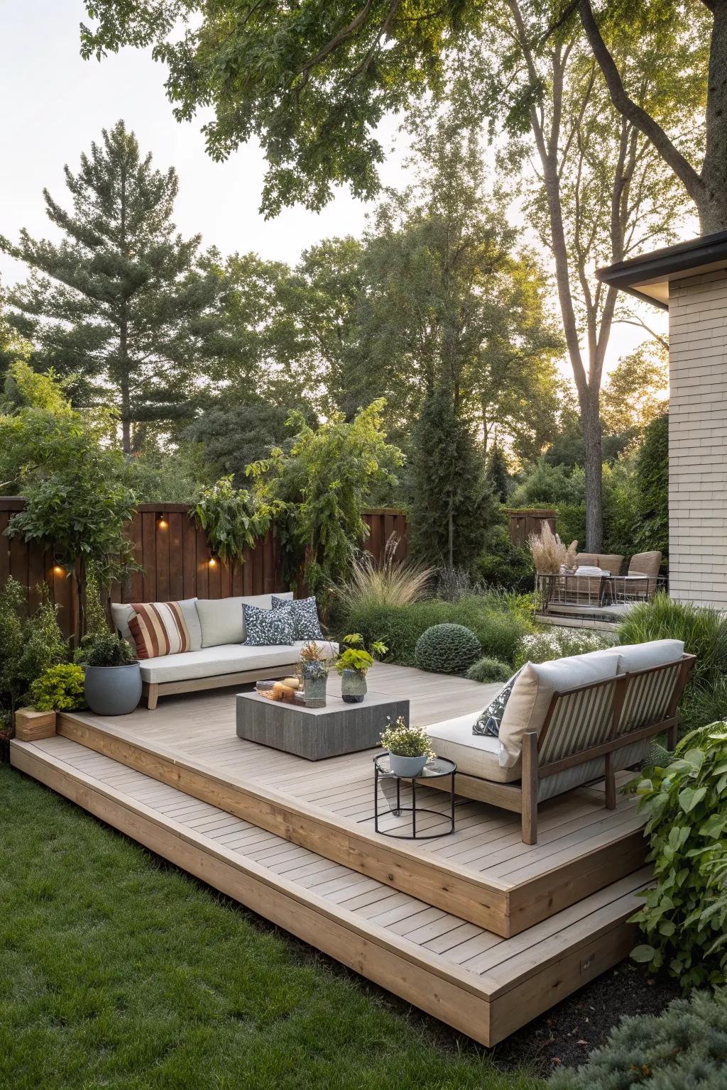 A cozy floating deck perfect for relaxed outdoor gatherings.