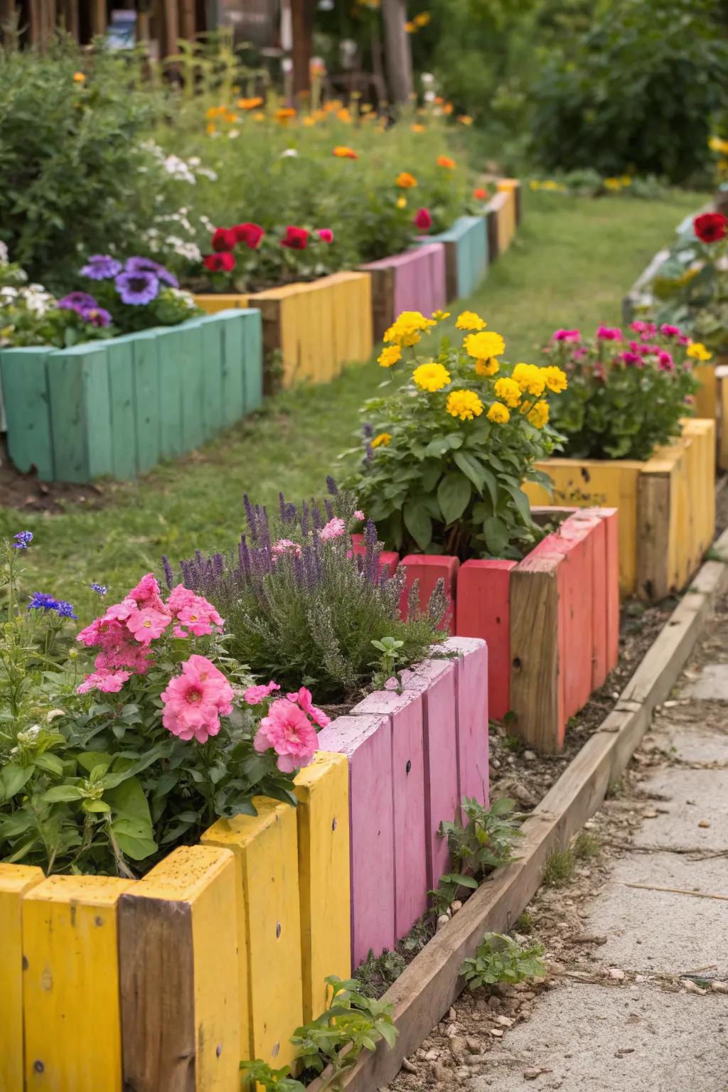 Brightly painted wooden blocks add a playful touch to garden edging.