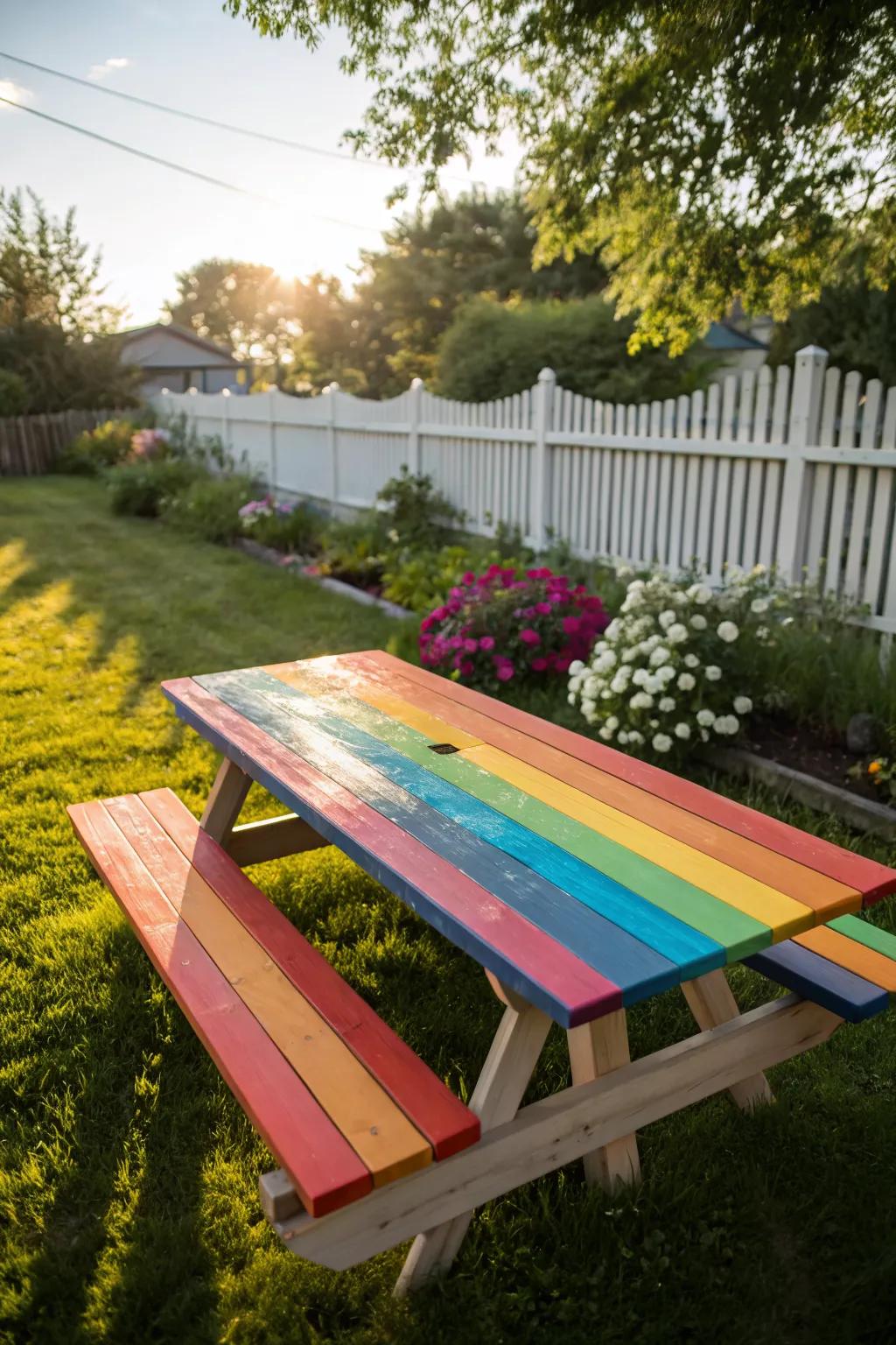 Brighten your garden with bold rainbow stripes on your picnic table.