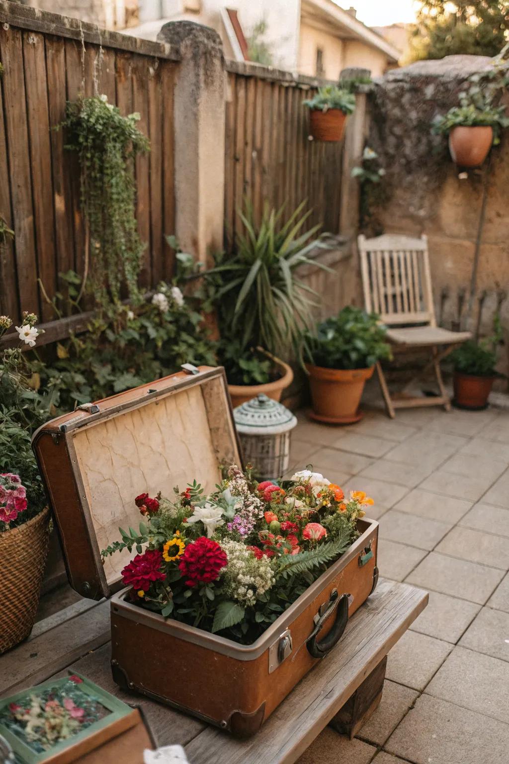 A vintage suitcase finds new life as a charming planter.