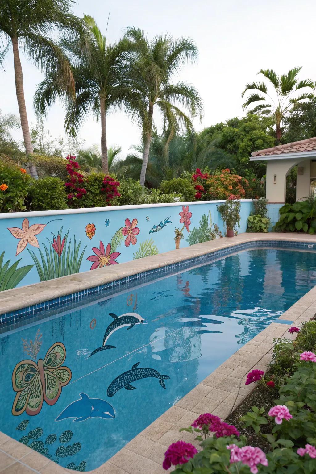 A pool with marine-themed paint featuring dolphins and turtles.