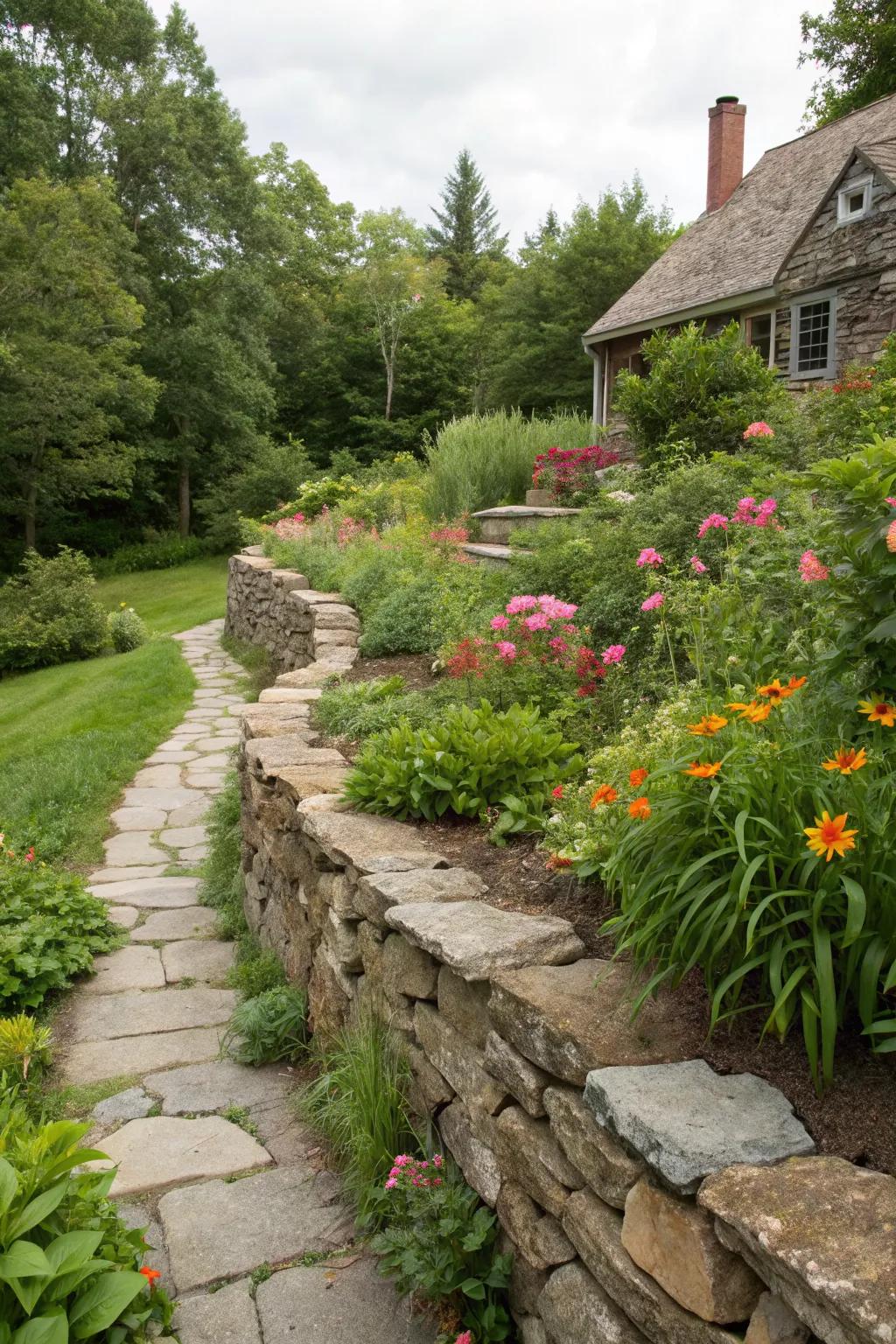 A charming garden with a natural stone retaining wall