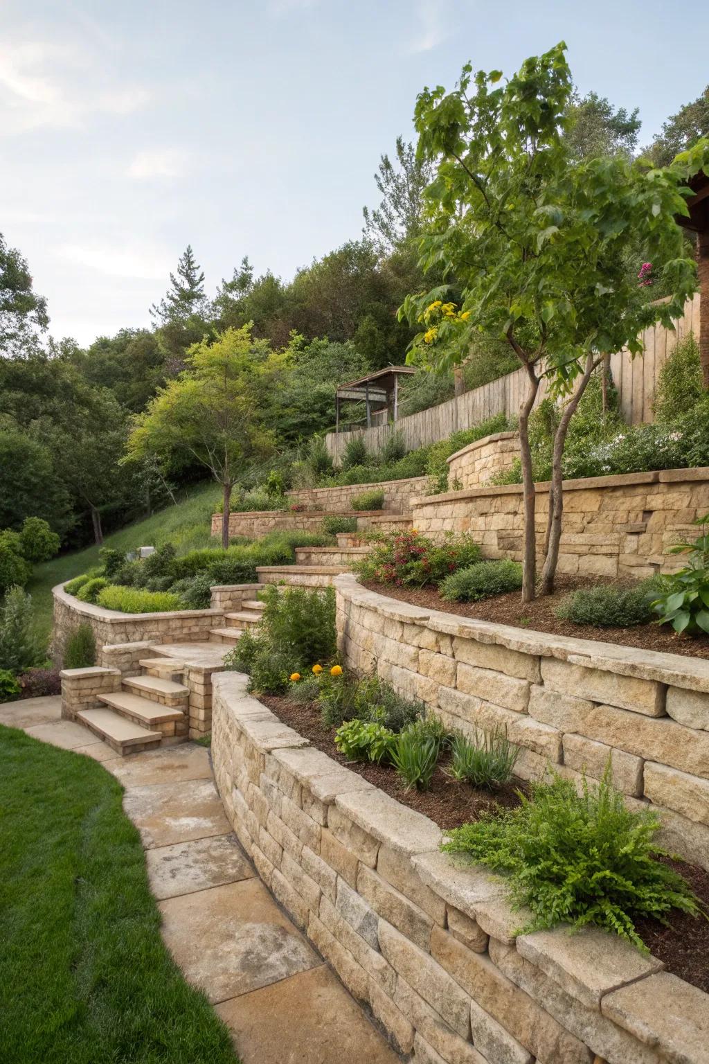 Terraced retaining walls transform slopes into functional, beautiful spaces.