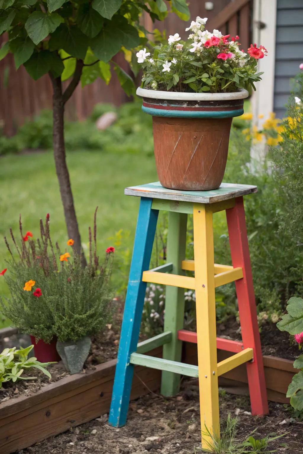 An old bar stool transformed into a vibrant plant stand.