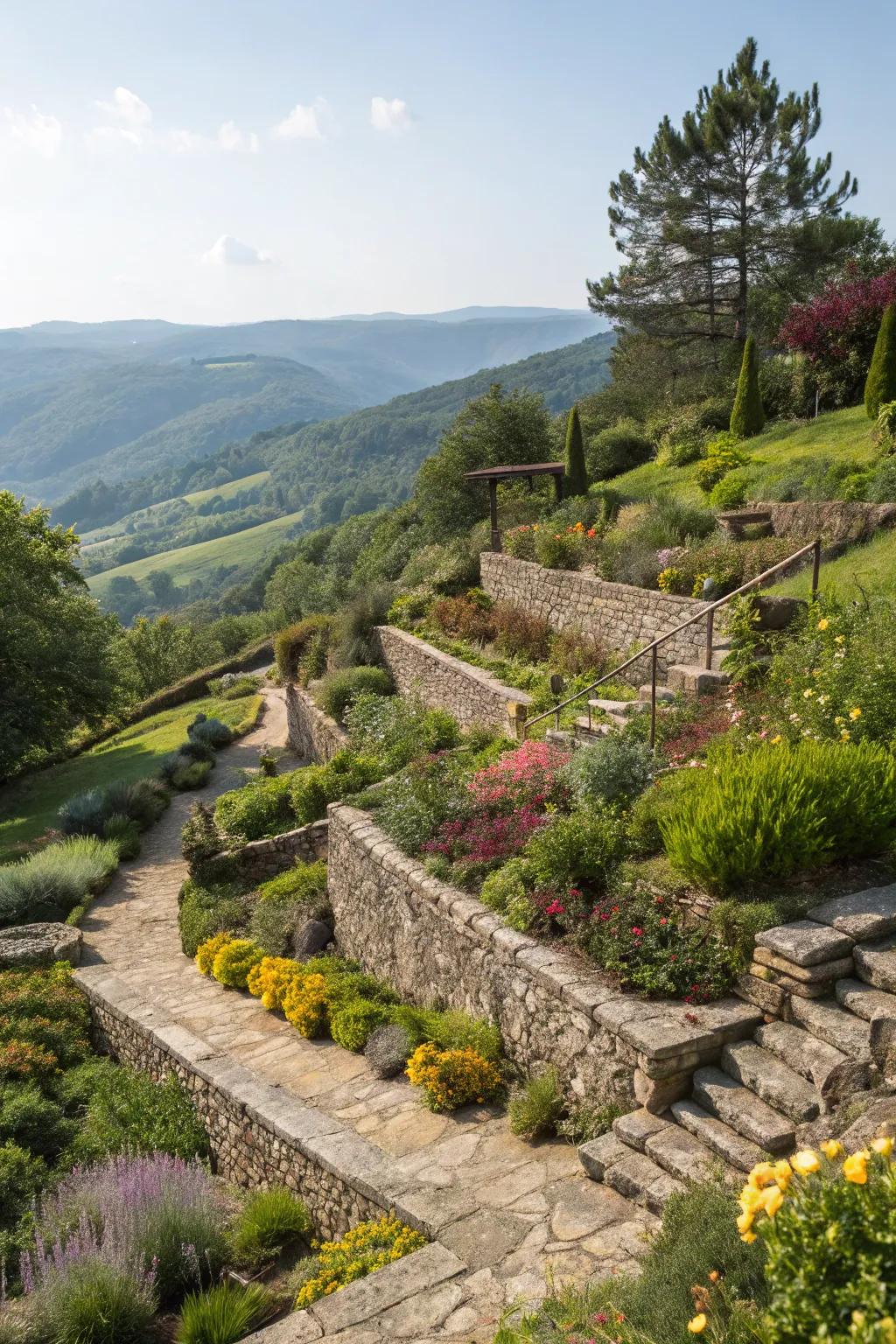 Terraced gardens bring structure and beauty to sloped backyards.