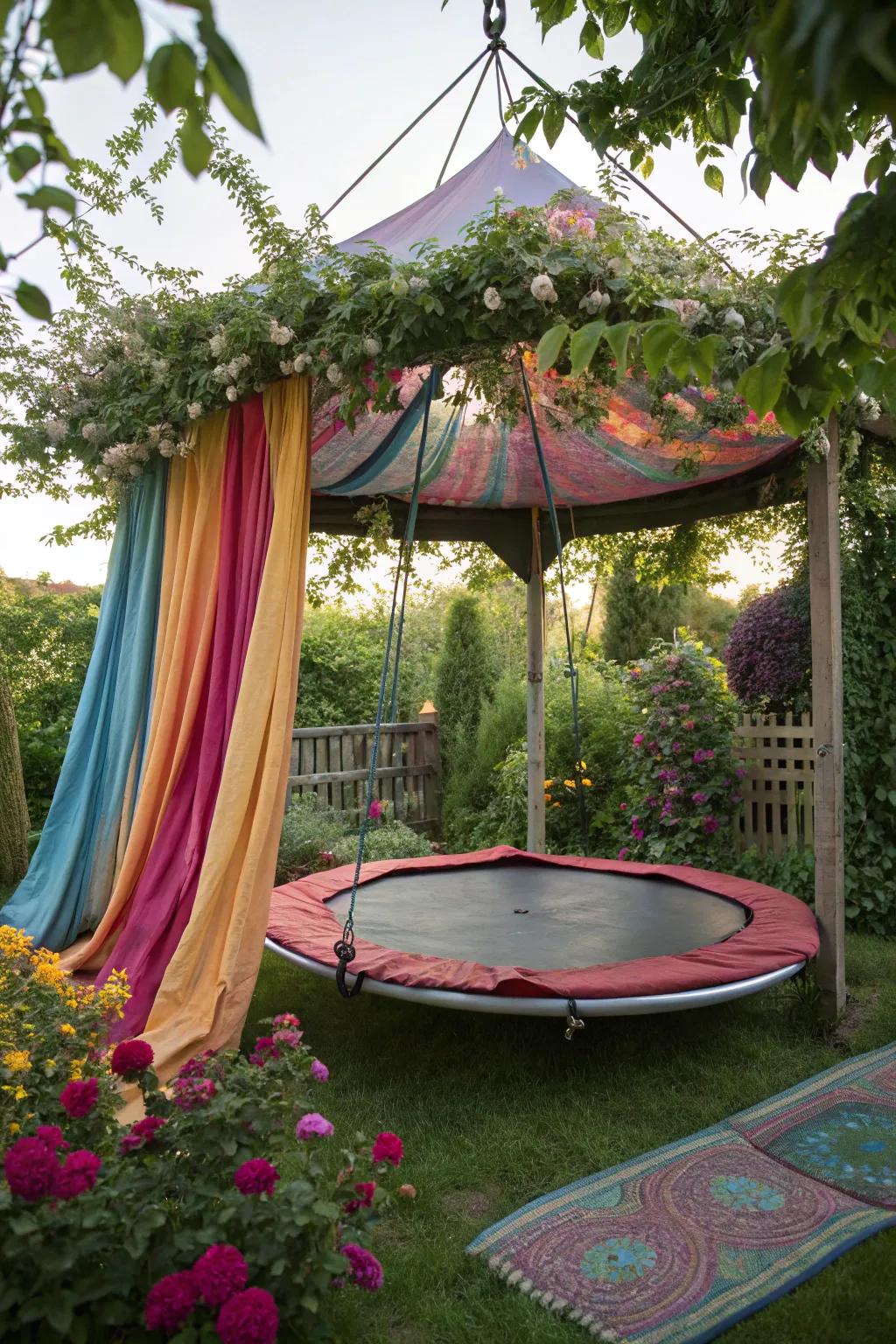 Transform an upside down trampoline into a shaded outdoor retreat with colorful fabrics.