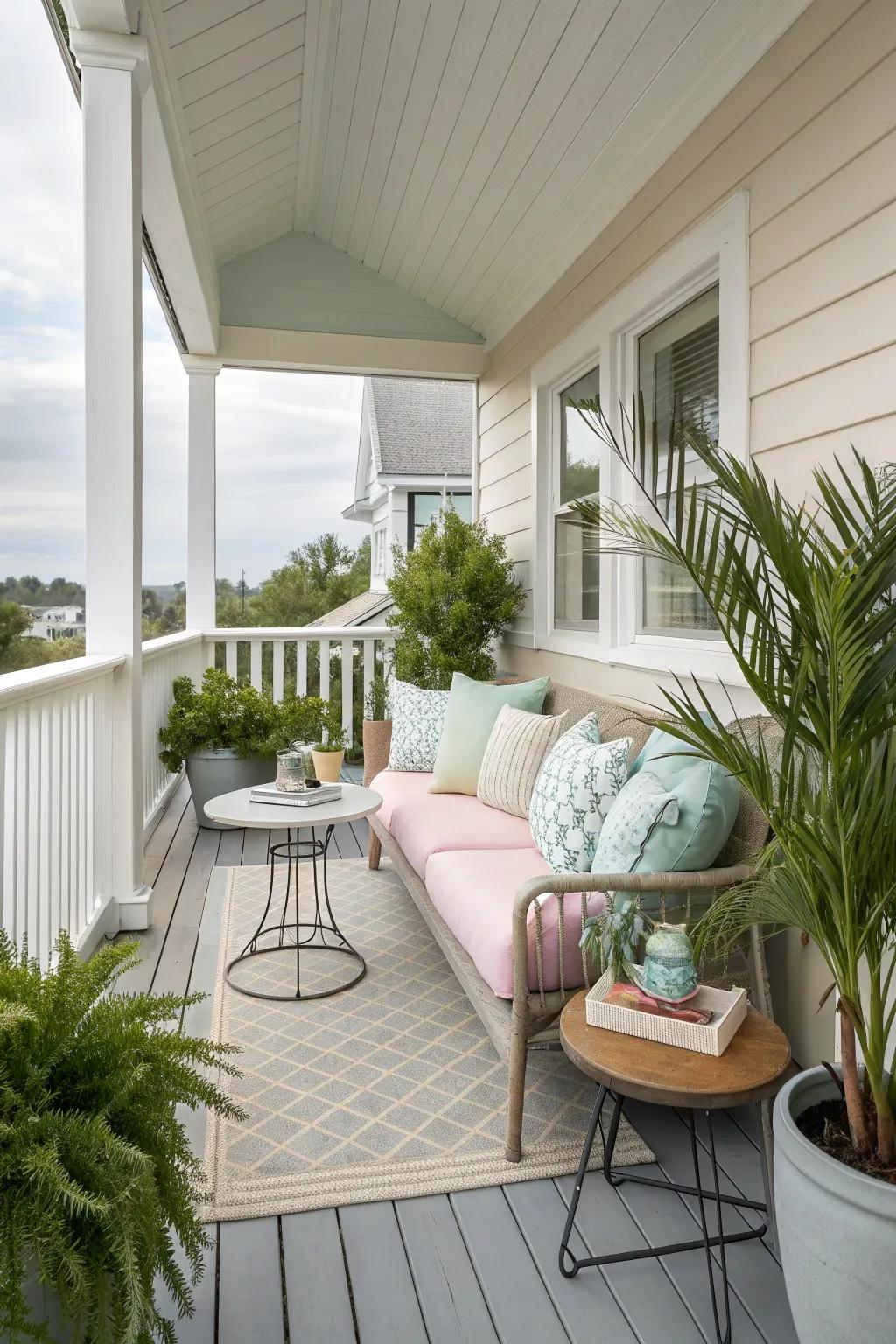 Cushioned seating makes your upstairs porch the perfect spot to unwind.