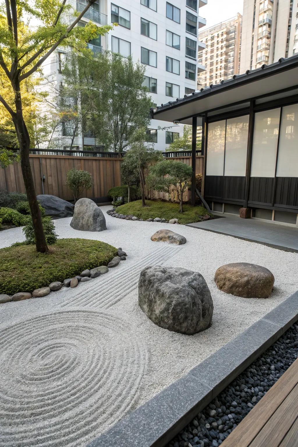 A peaceful minimalist zen garden with gravel and strategically placed stones.
