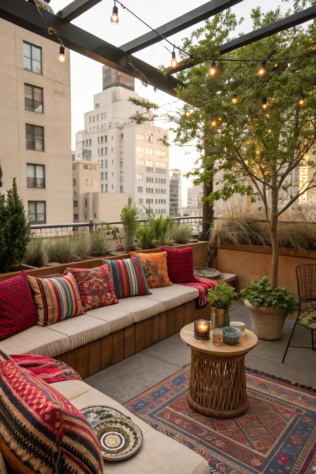 Warm up your patio with comfortable seating and vibrant cushions.