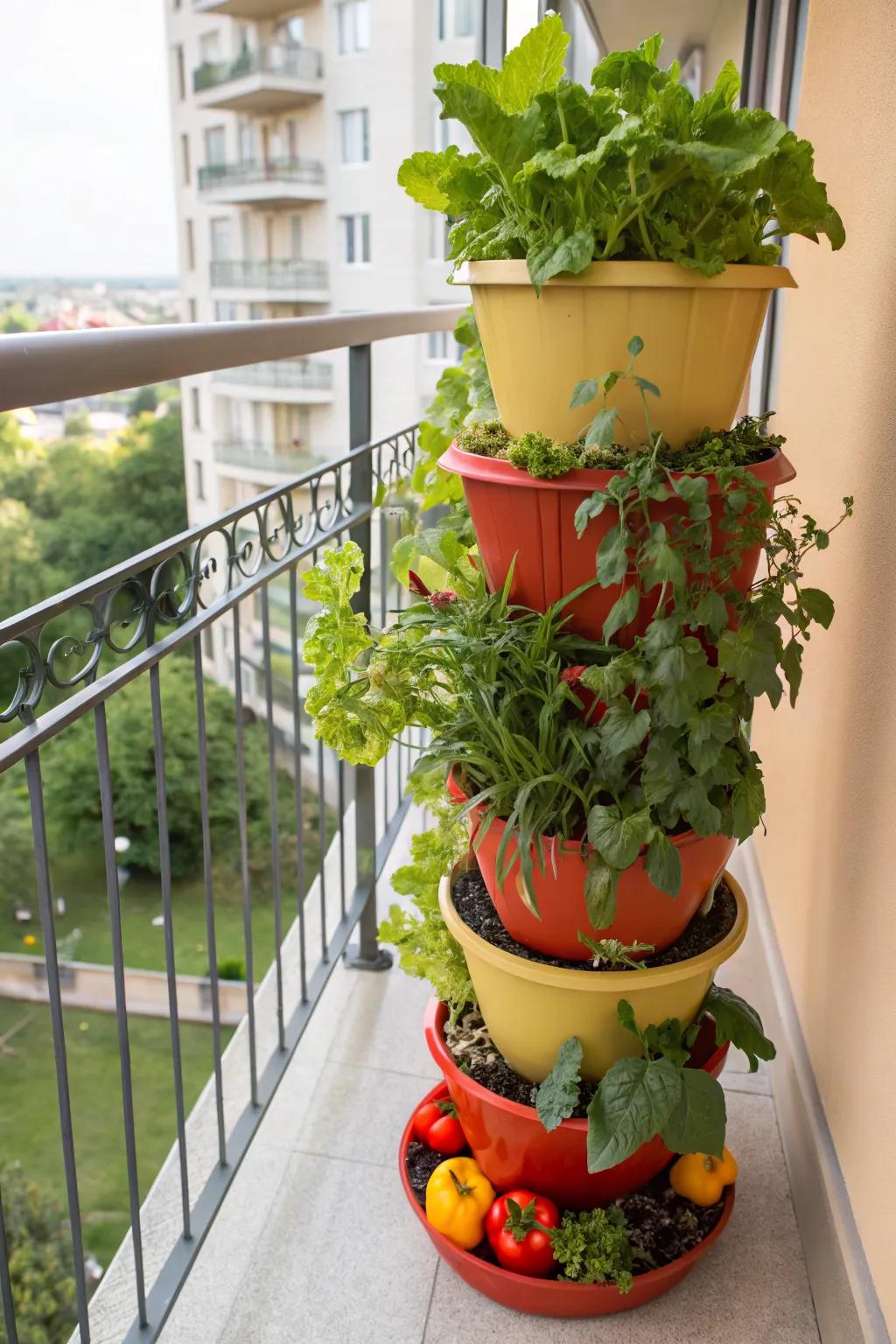 Vertical garden tower maximizing balcony space with layered pots.